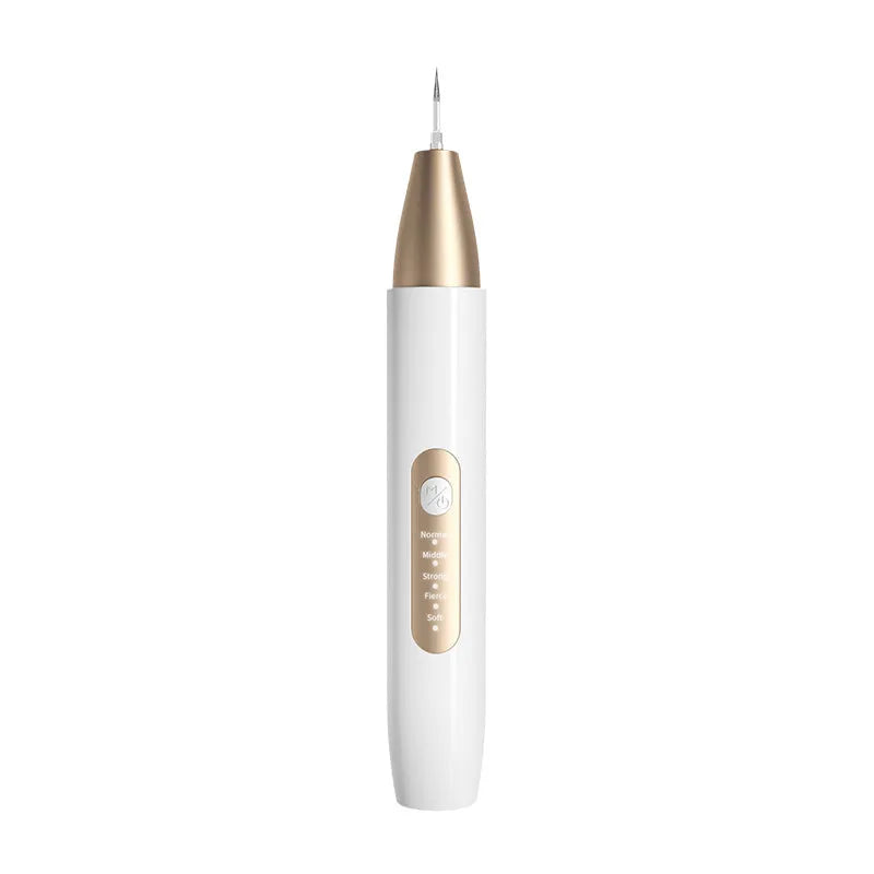 Gold handheld ultrasonic tooth cleaner for removing tartar and surface stains.