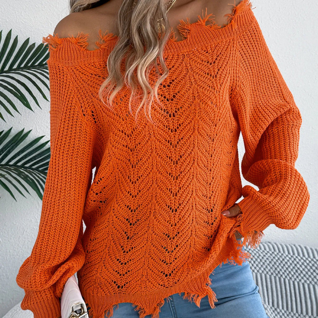 White hollow-out cut-off shoulder pullover sweater with long sleeves on hanger