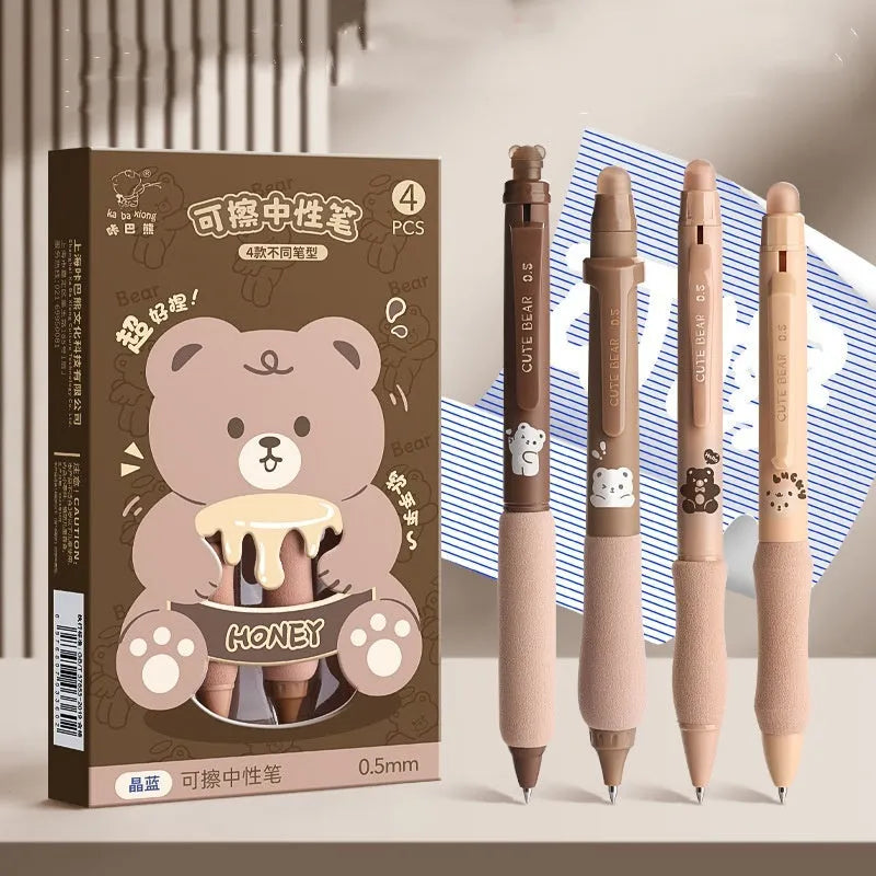 Erasable cartoon-themed press gel pen with 0.5mm fine tip in black and crystal blue ink options.