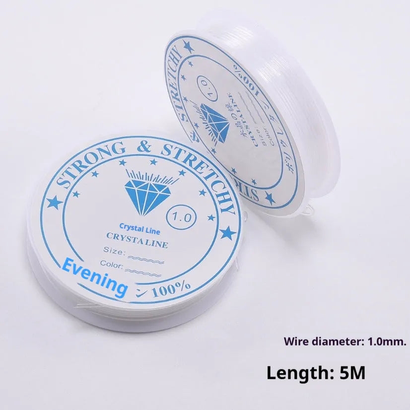 Spool of transparent white elastic thread with six diameter options shown for DIY crafts.