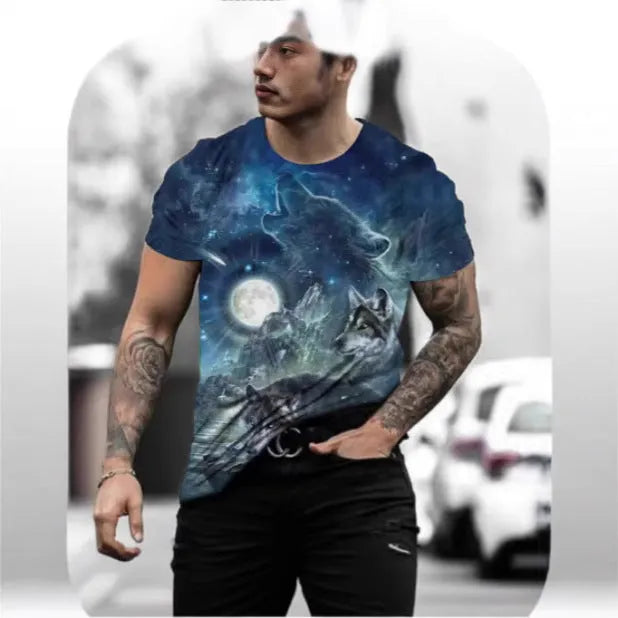 Men's retro 3D animal print short-sleeve t-shirt on a hanger, showing bird eye cloth fabric.
