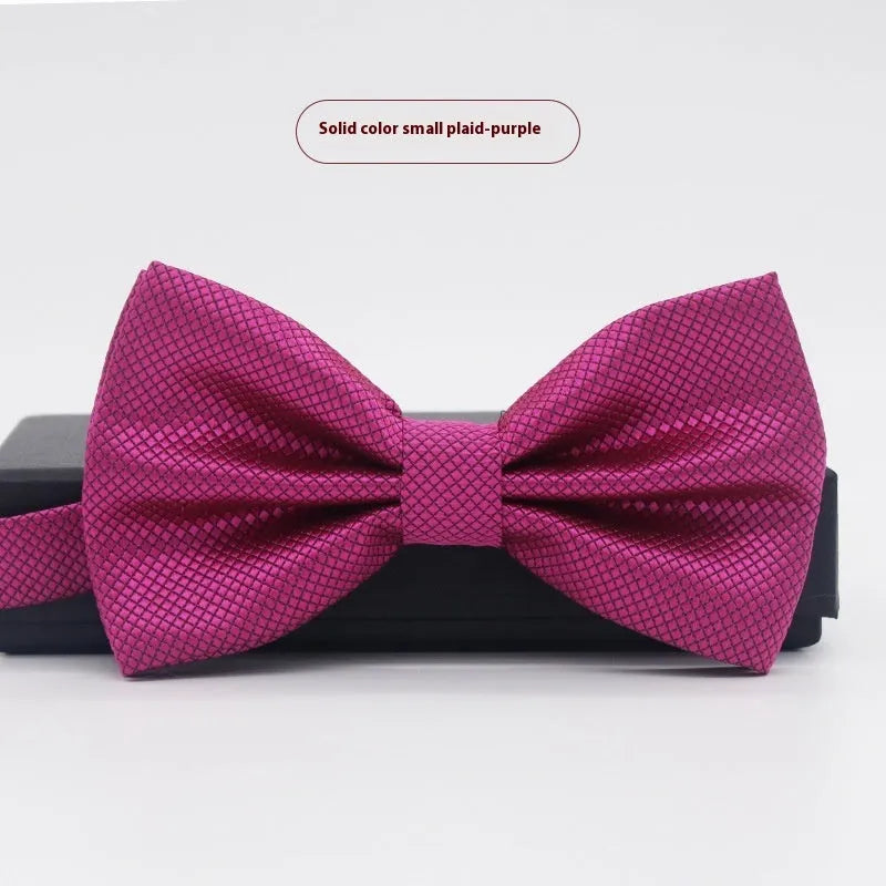 Men's flat head solid colour bow tie in polyester, showing 12cm by 6cm size on a background.