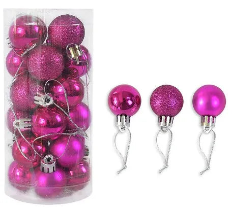 Assortment of shiny matte finish 3cm Christmas ball ornaments in gold, red, silver, and blue colours.