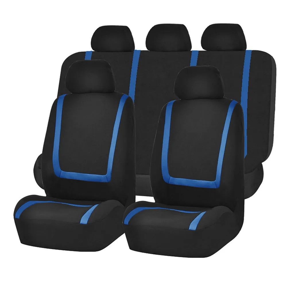 Universal car seat cover set showing fabric construction with headrest and seat protection