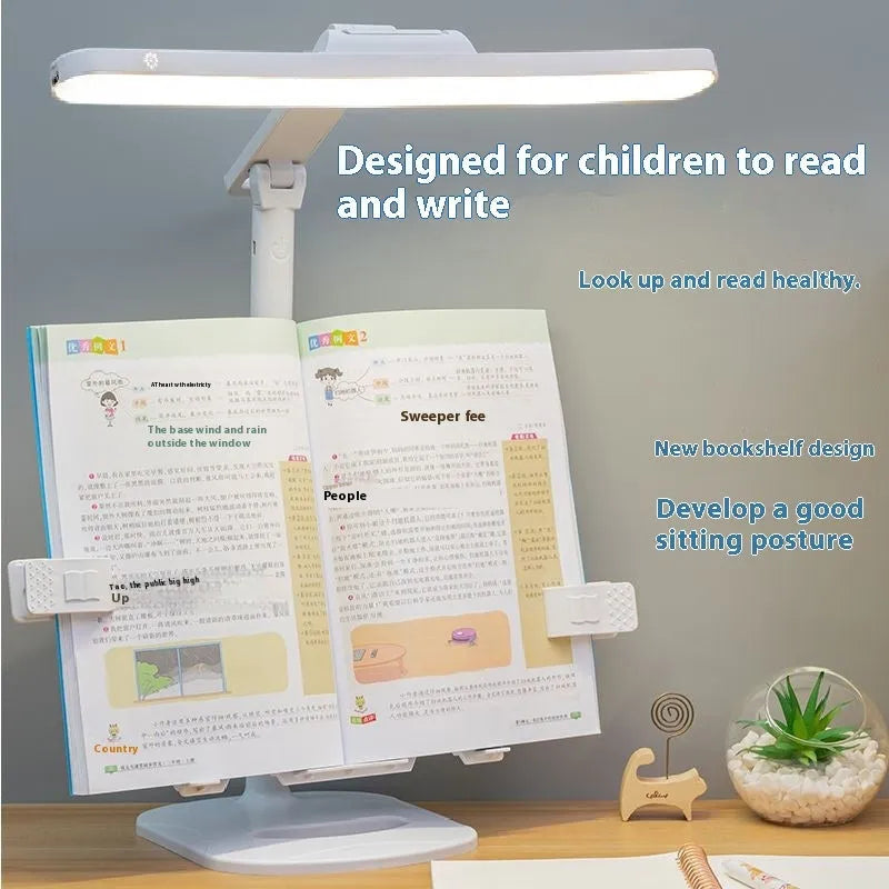 Adjustable desk lamp with integrated bookshelf showing three light colour settings and a charging cable.
