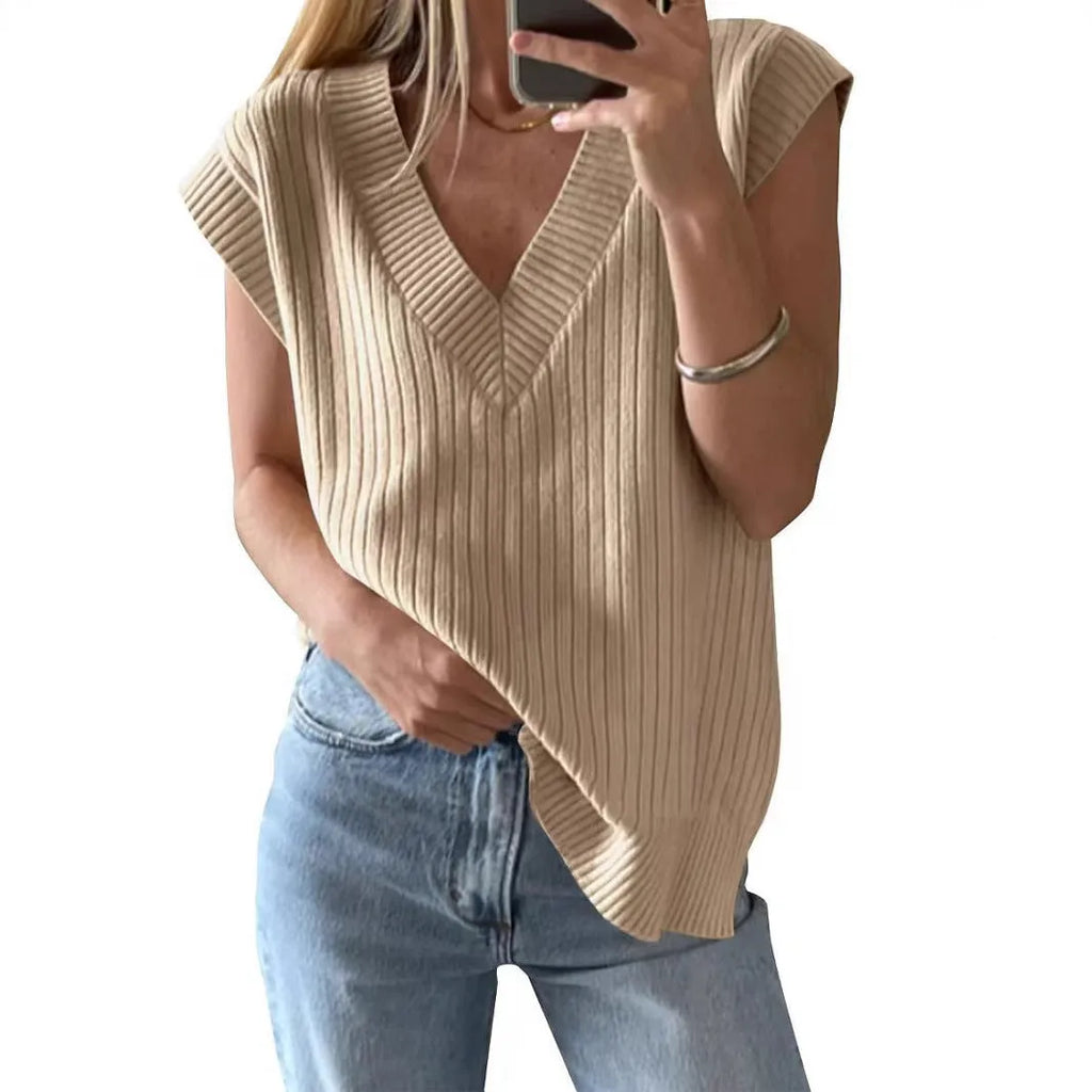 Women's camel and white v-neck sleeveless vest with loose fit and striped or plaid patterns