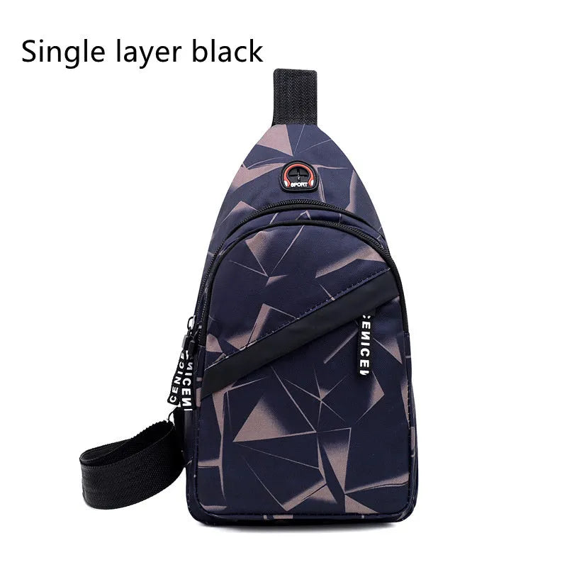 Blue print sling chest bag with a crossbody strap, showing the earphone hole and zipper opening.