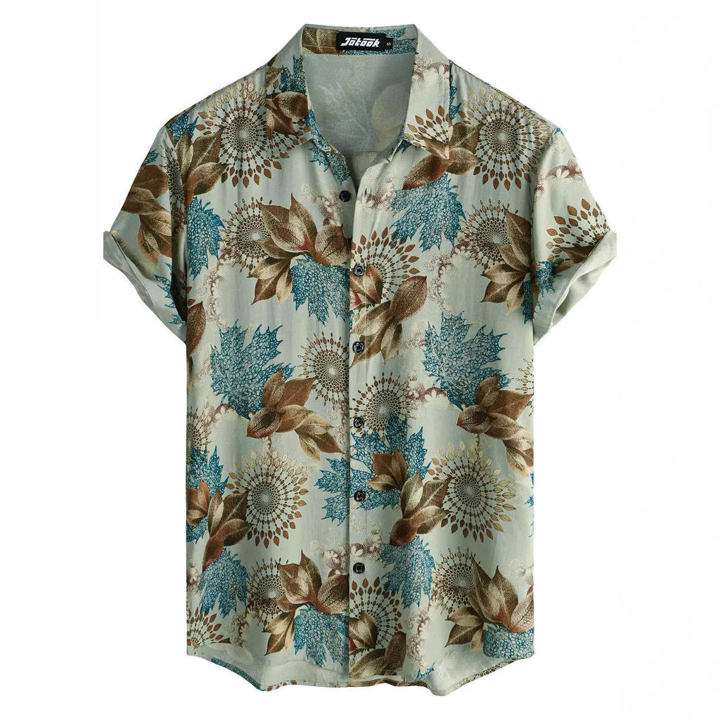 Hawaiian print short sleeve shirt with lapel collar and floral pattern in multiple colour options