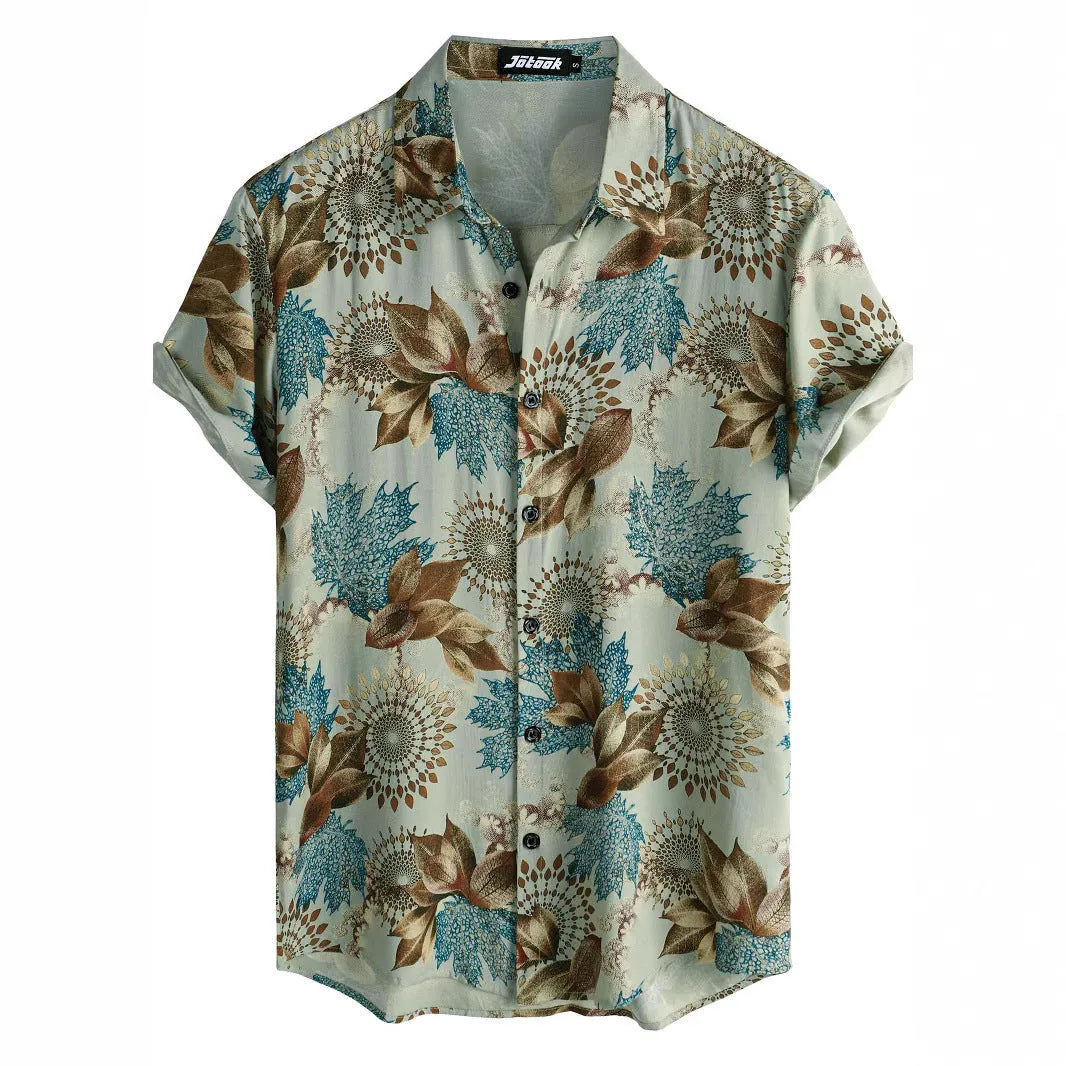 Hawaiian print short sleeve shirt with lapel collar and floral pattern in multiple colour options