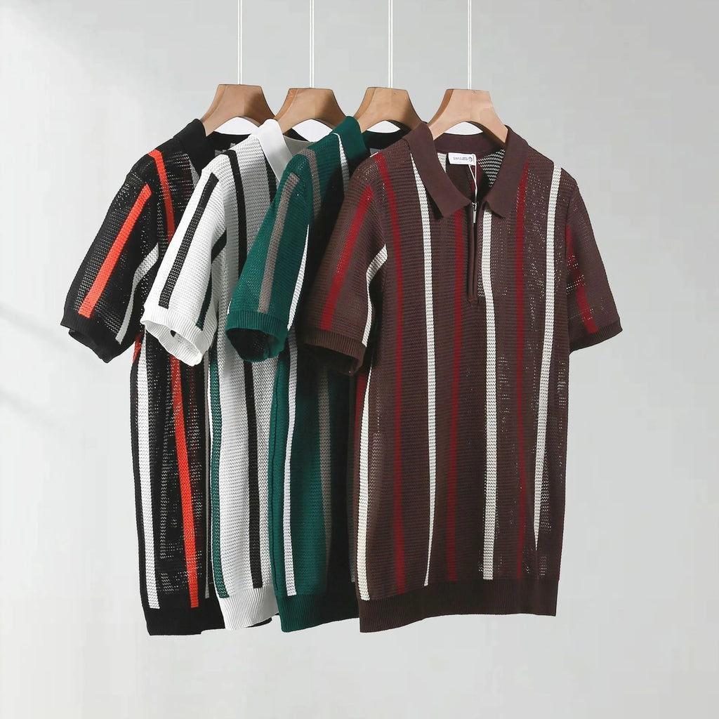 Men's black hollow mesh short-sleeved polo shirt with zipper decorations and loose knitting style