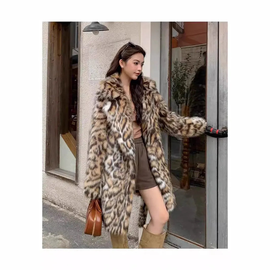 Women's long faux fur coat with fur collar and pockets in street fashion style