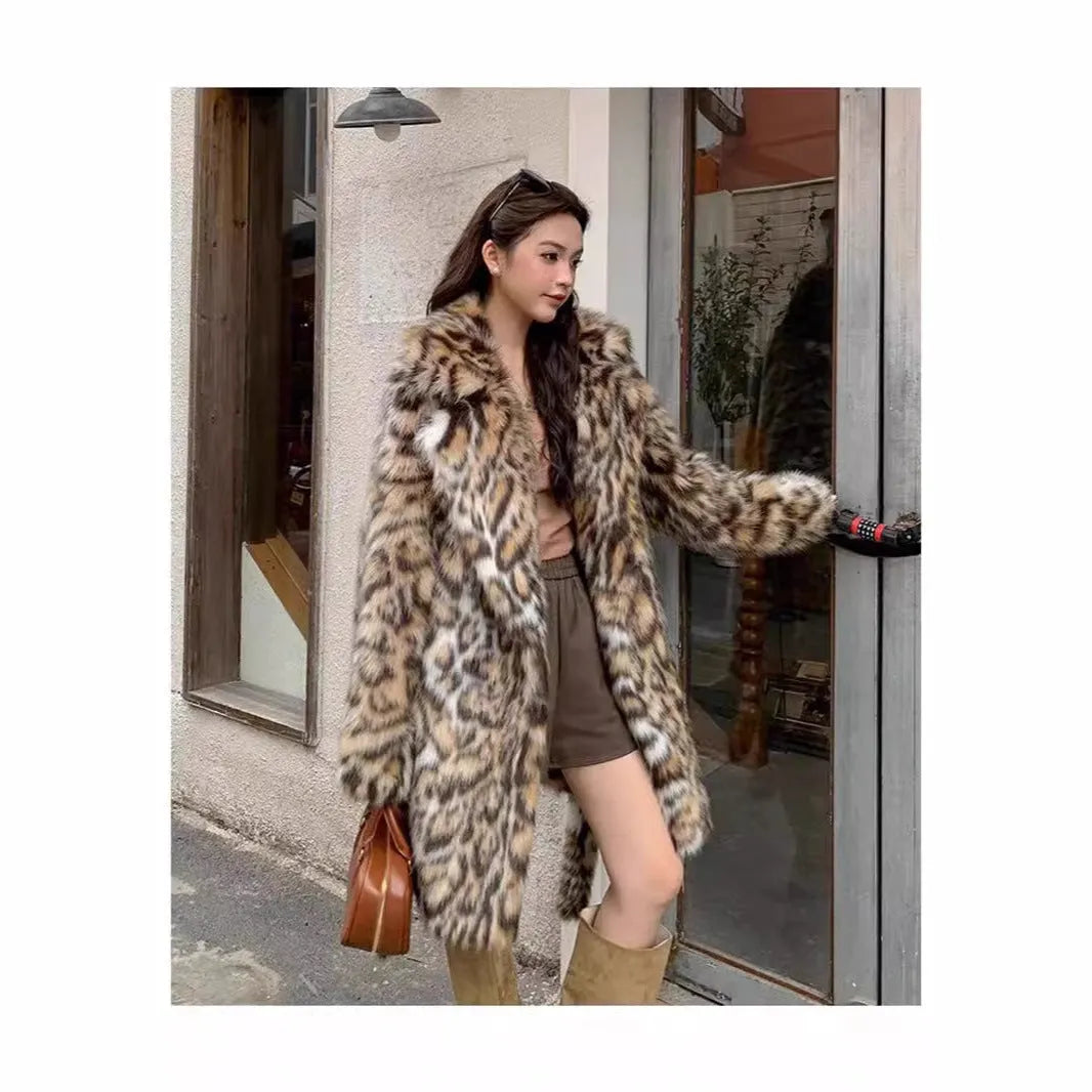 Women's long faux fur coat with fur collar and pockets in street fashion style