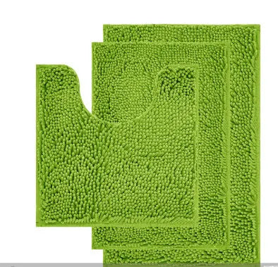Chenille bathroom carpet three-piece set showing U-shaped toilet mat and two rectangular rugs in green.