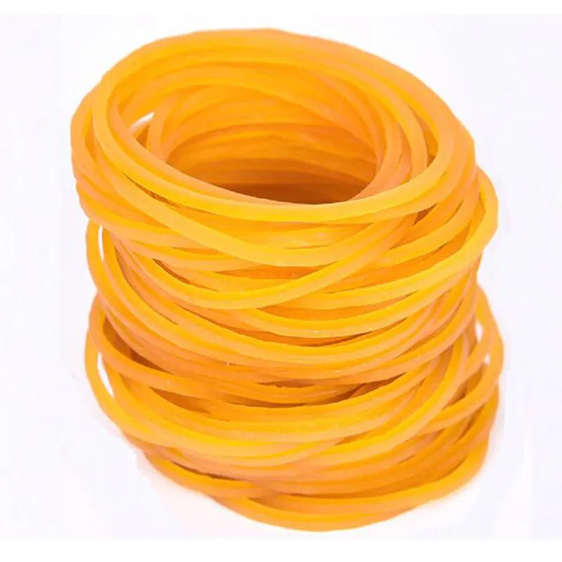500g pack of assorted diameter yellow rubber bands ranging from 16mm to 70mm.