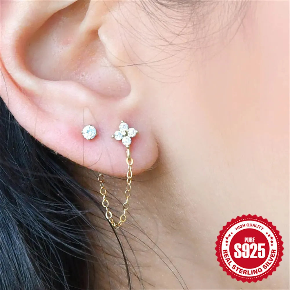 S925 sterling silver geometric earrings with flower and tassel chain decoration in golden finish