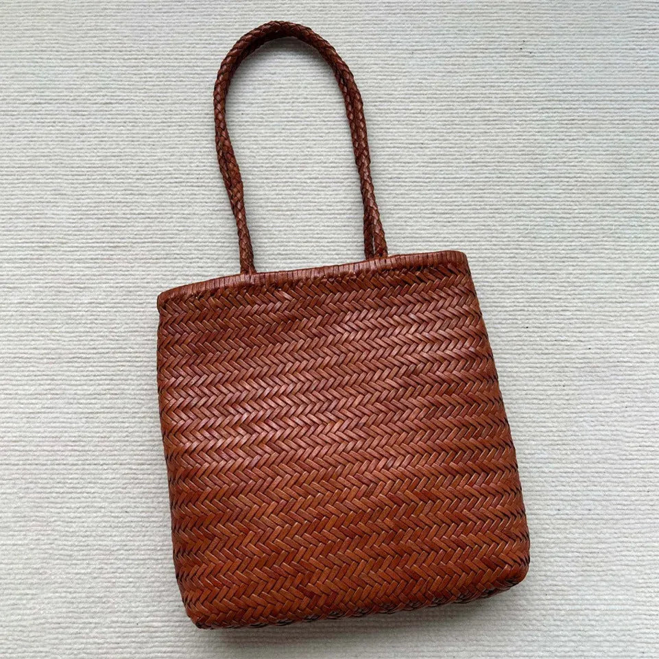 Brown woven genuine cowhide leather tote bag with three-dimensional pockets