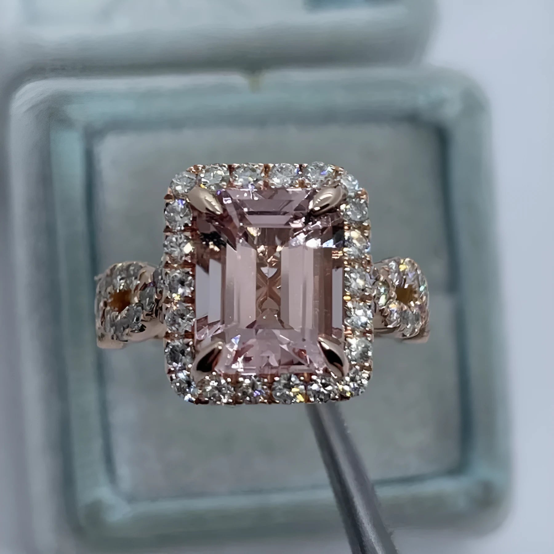Geometric rose gold alloy ring showing straight edges and angular design