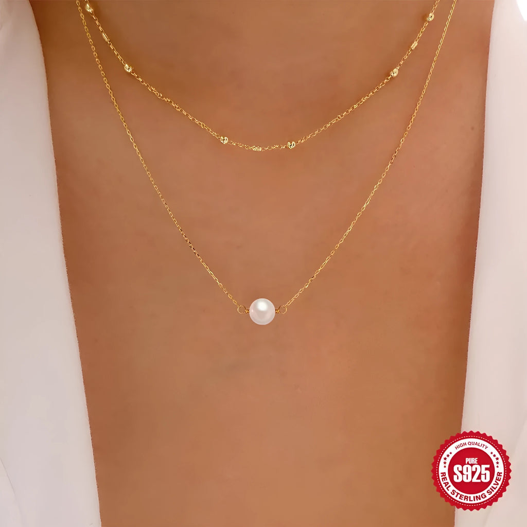 S925 sterling silver double layer necklace with twin pearls and geometric pendant in gold plating