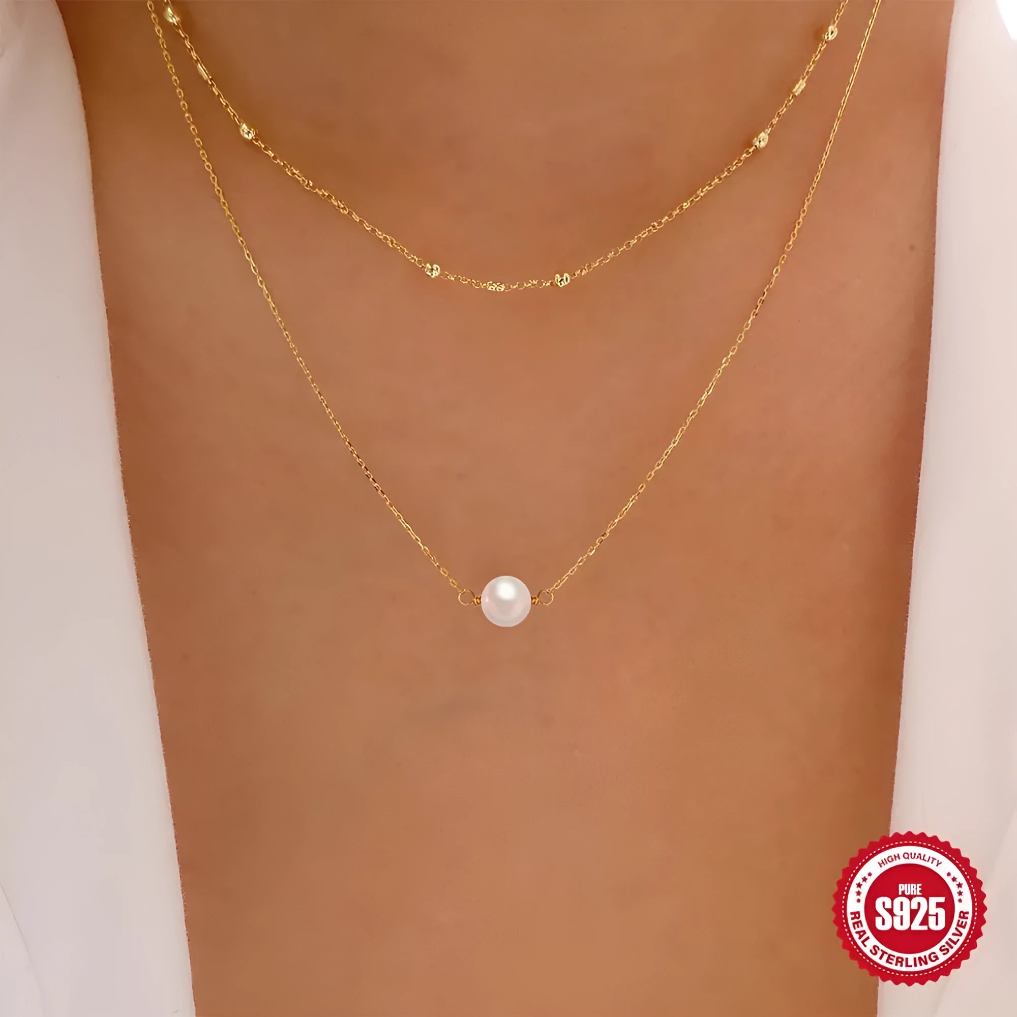 S925 sterling silver double layer necklace with twin pearls and geometric pendant in gold plating