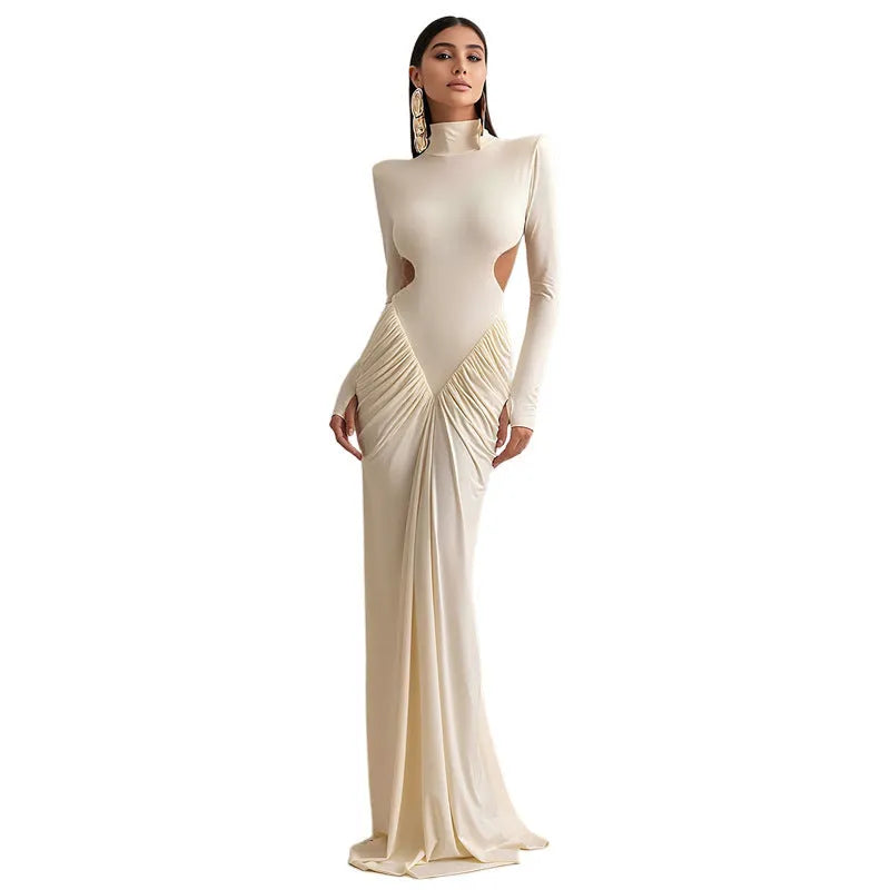 Women's long sleeve high collar backless slim fit dress with pleated detail in solid colour polyester fabric