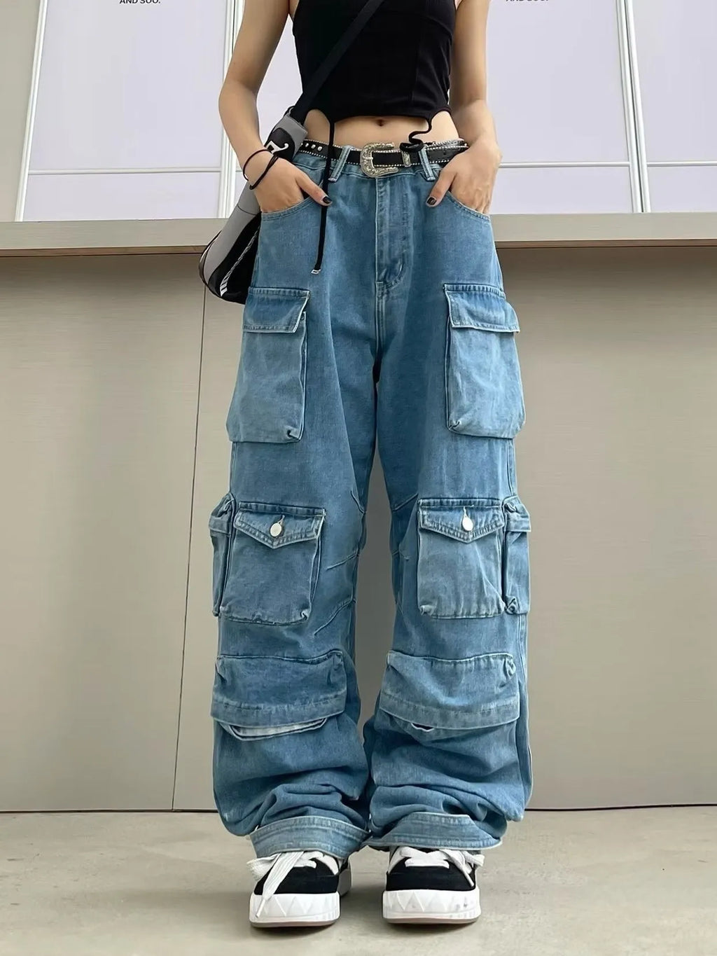 Women's high waist wide leg trousers in tie-dyed denim with multiple pockets and street hipster styling