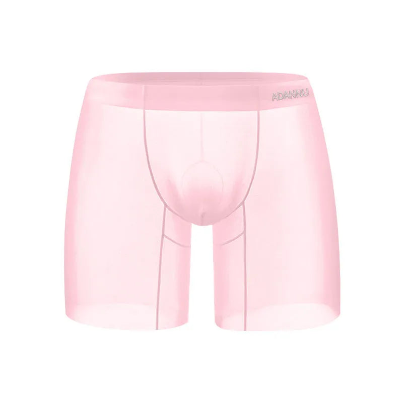 Men's low-rise nylon boxers in orange, pink, or red solid colours.