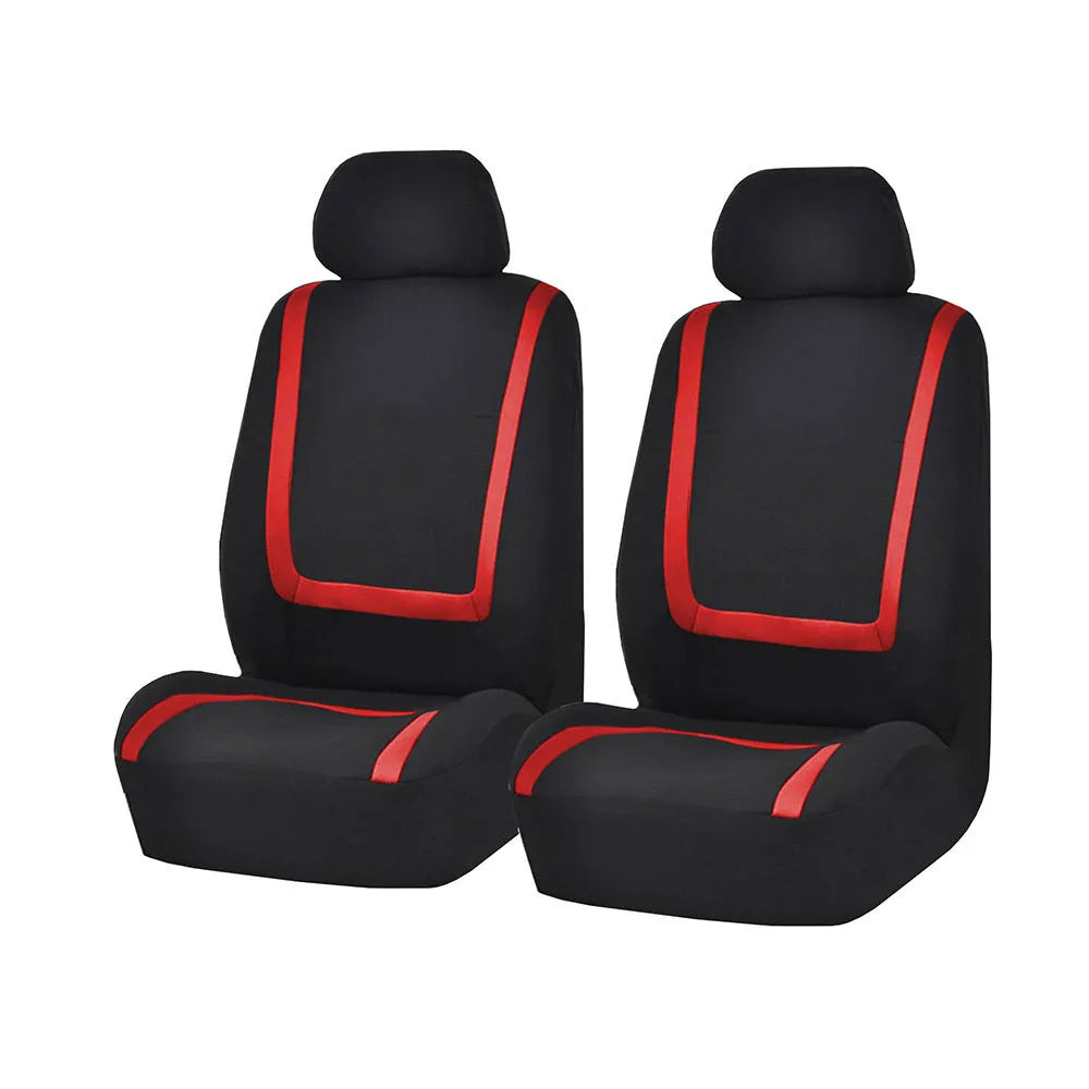 Universal car seat cover set showing fabric construction with headrest and seat protection