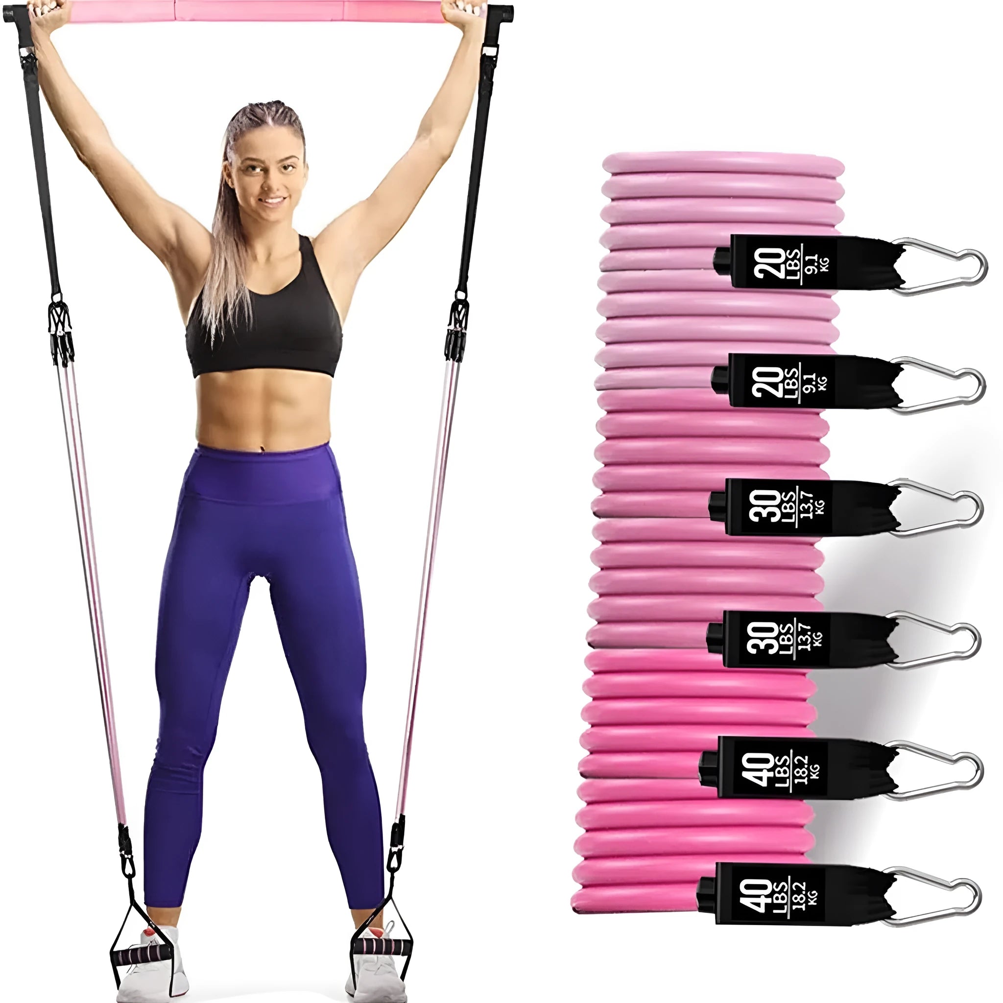 Yoga gymnastic bar with 180 pounds reinforced resistance band in pink and black TPE material options