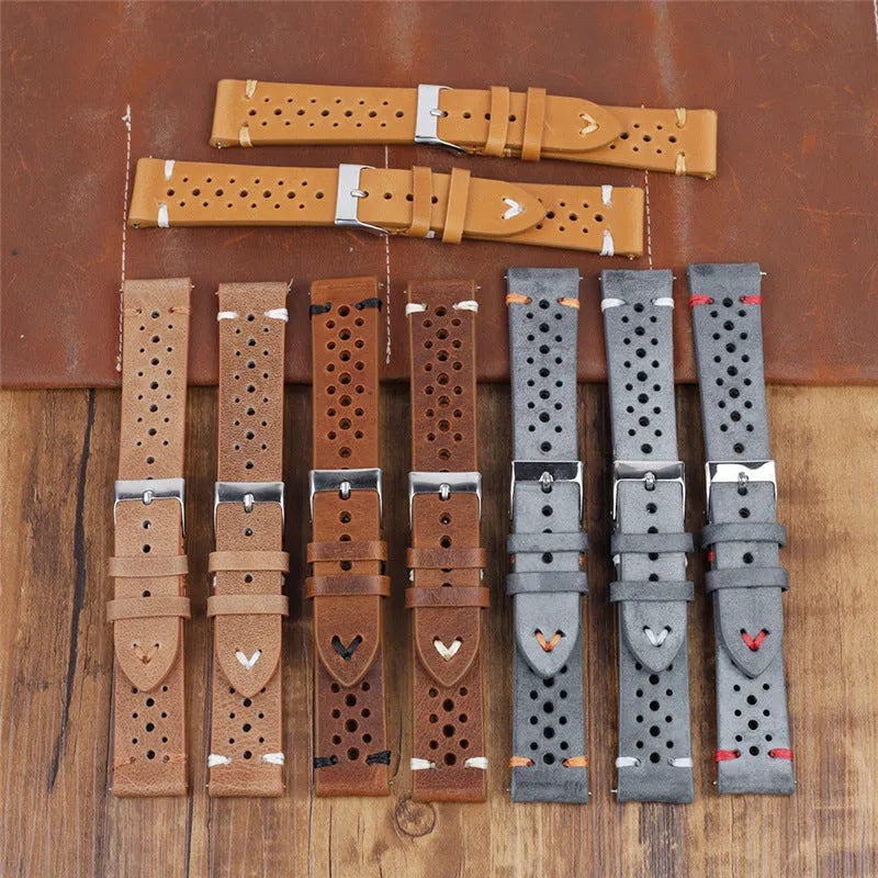 Handmade retro genuine leather watch band in brown with contrast stitching