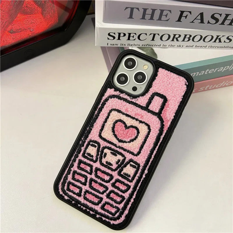 Pink TPU iPhone case with embroidered towel design for iPhone 11-15 models