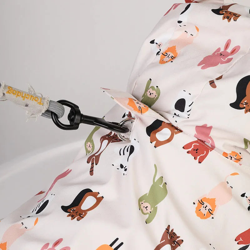Beige cartoon dog raincoat with waterproof PU coating for small to extra large breeds