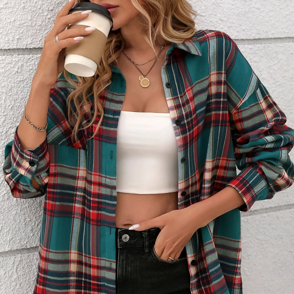 Women's loose fit retro plaid cotton shirt on hanger in black, green, or purple colour options