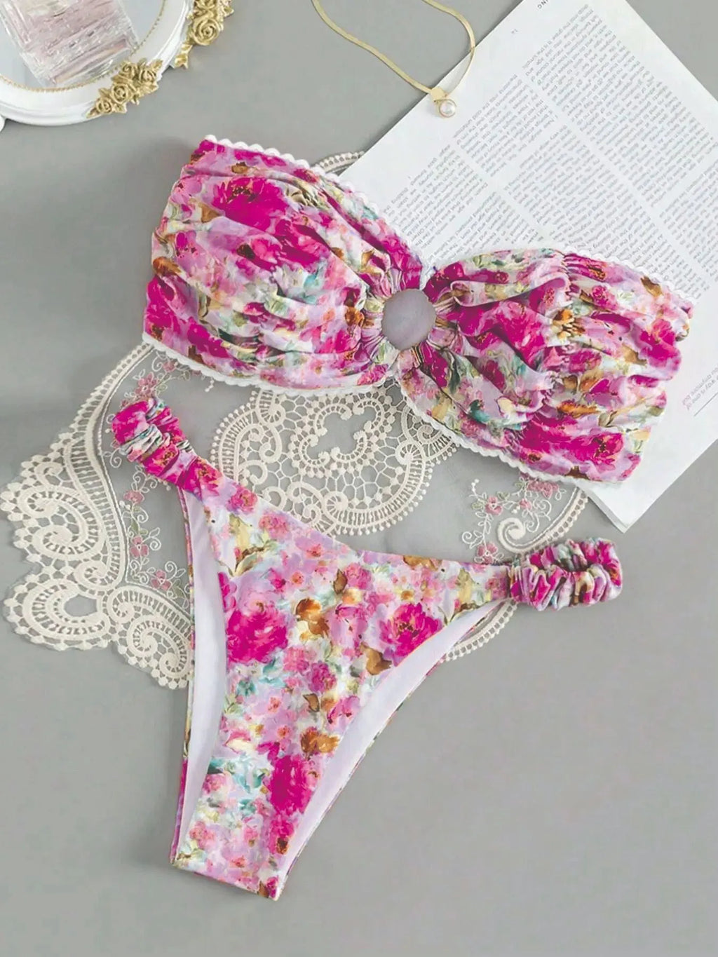 Women's floral lace bikini set with tube top and briefs in blue colour