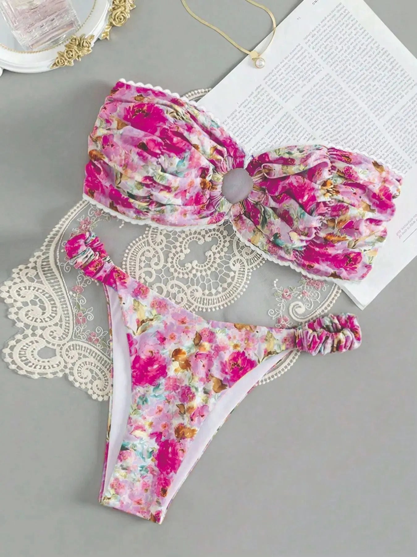 Women's floral lace bikini set with tube top and briefs in blue colour