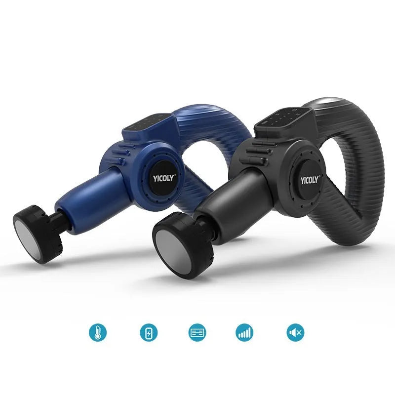 Black smart muscle massage gun with hot and ice compress functions and five attachment heads