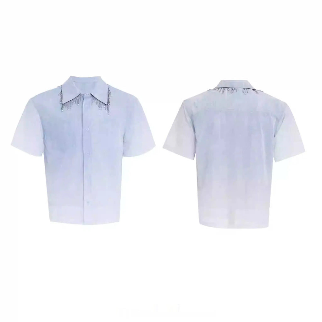 Men's solid blue loose fit short sleeve casual shirt on a hanger.