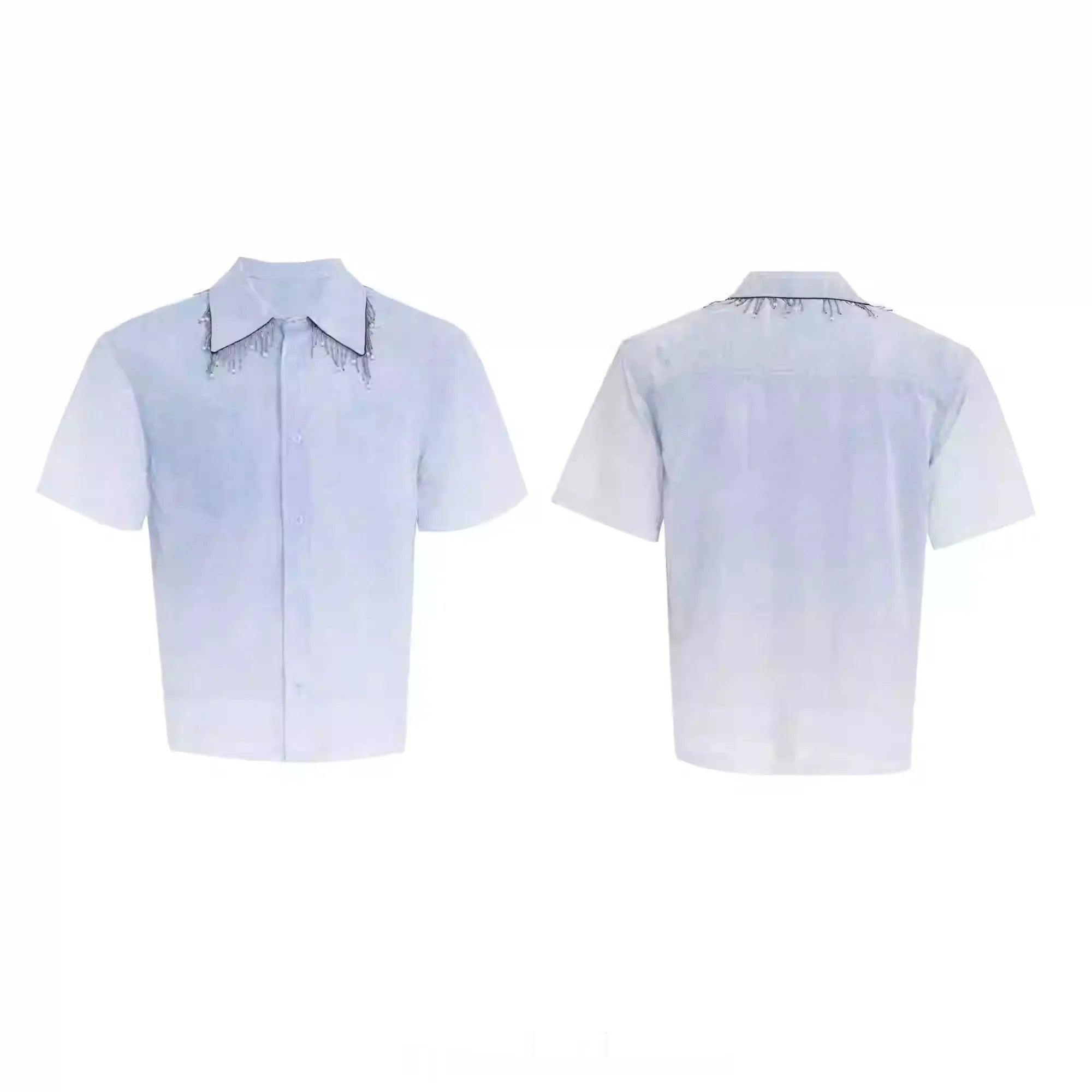 Men's solid blue loose fit short sleeve casual shirt on a hanger.