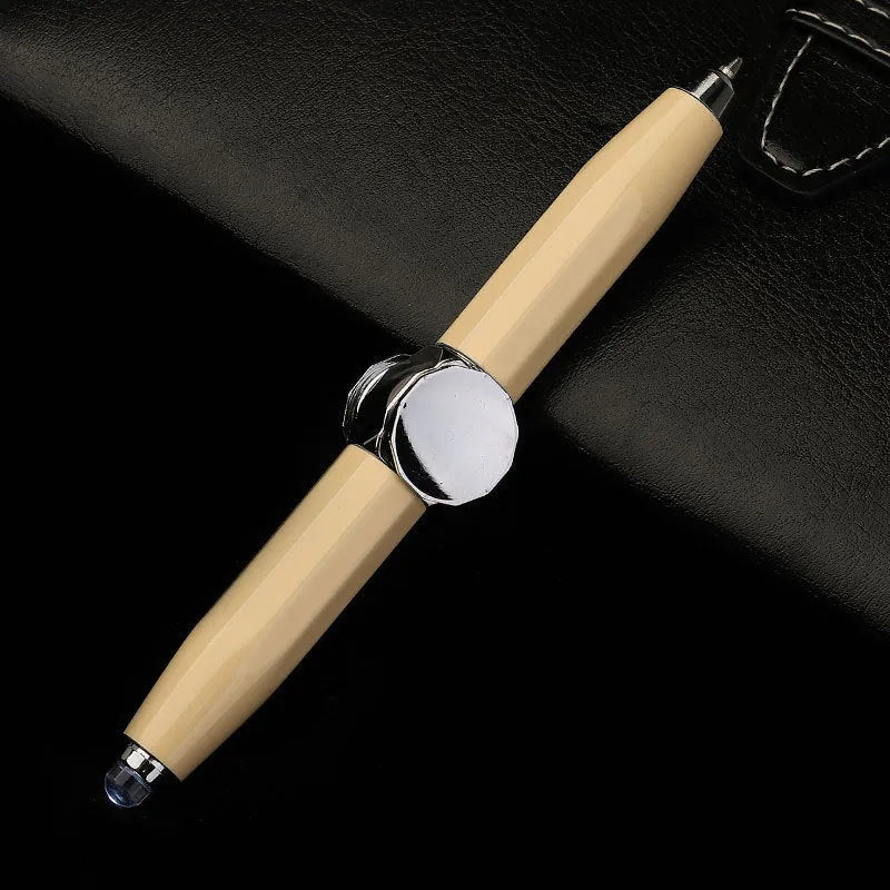 Metal ballpoint pen with a built-in fingertip gyro spinner and LED light, shown in multiple ink colour options.