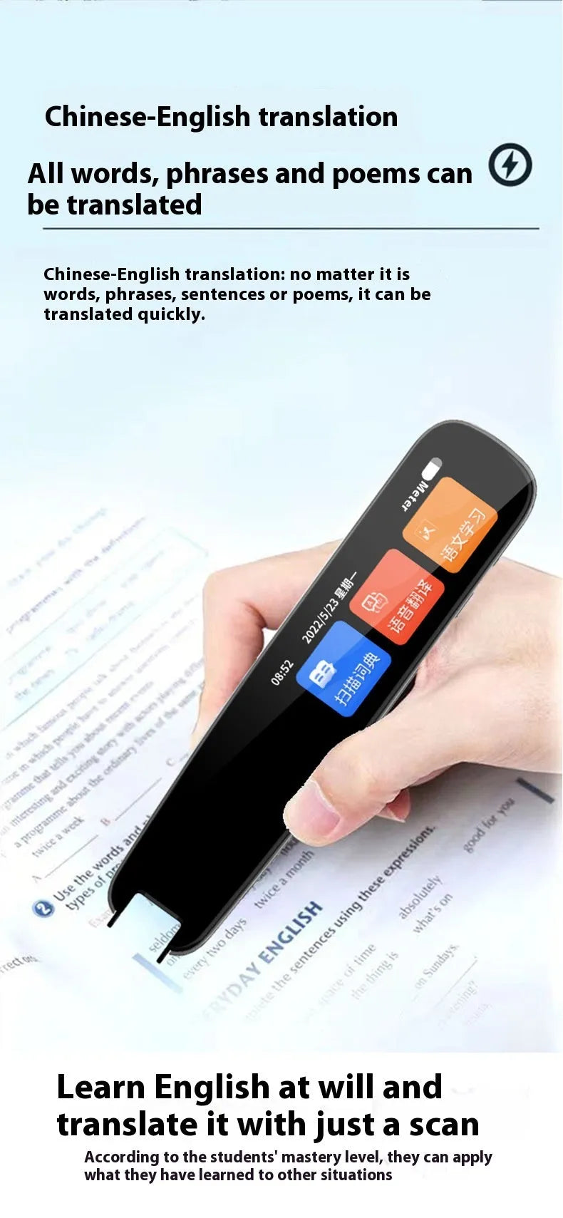 Dark grey English talking pen with scanning tip for offline translation and language practice