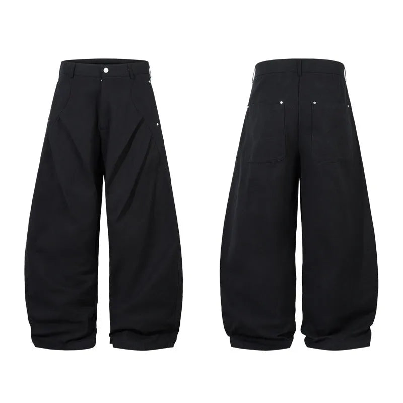 Men's black pleated machete casual trousers with loose-fitting wide-leg design and cotton fabric