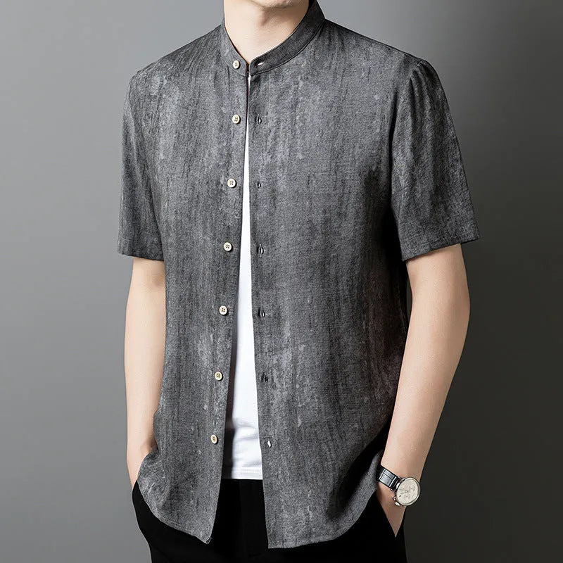 Men's loose fit linen shirt with stand collar in solid grey colour, cardigan style casual top