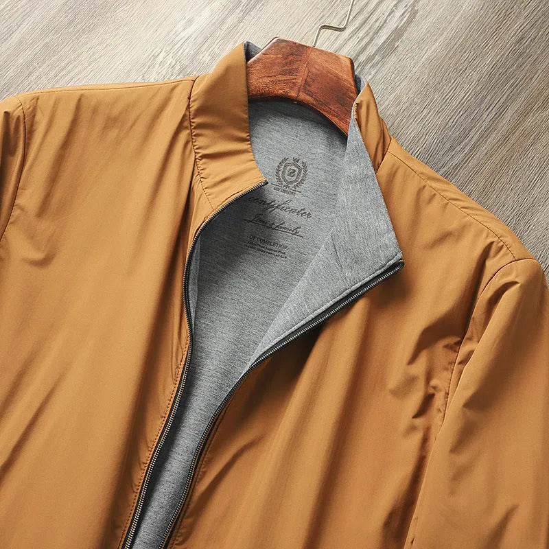 Men's stand collar simple jacket in a polyester blend fabric shown in Army Green colour.