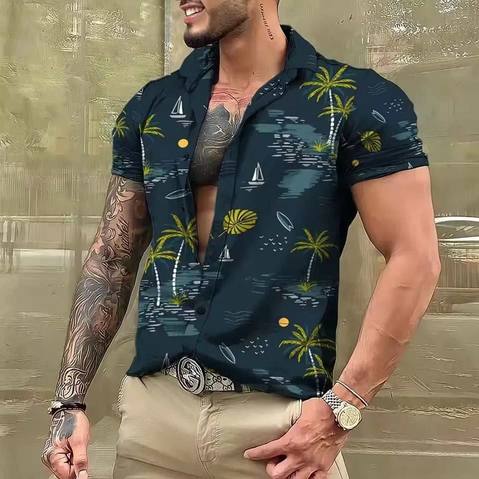 Men's short sleeve floral print shirt with loose cardigan styling in polyester fabric