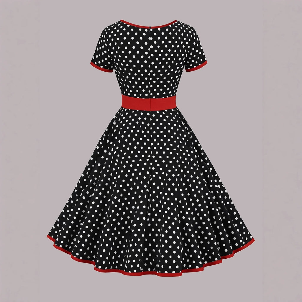 Multicolour polka dot dress with square collar, short sleeves, zip fastening, and pleated midi skirt