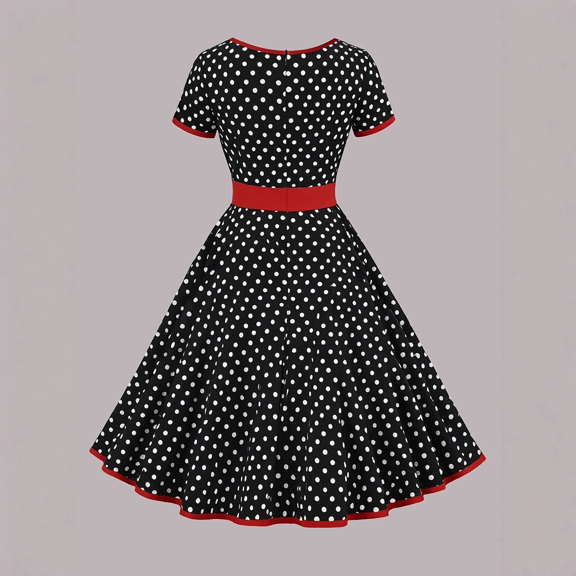 Multicolour polka dot dress with square collar, short sleeves, zip fastening, and pleated midi skirt
