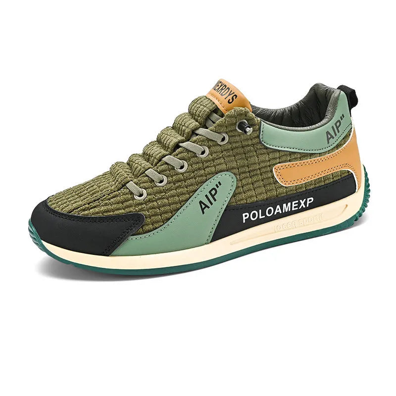 Men's lightweight mesh running shoe in green or grey with lace-up front and round toe