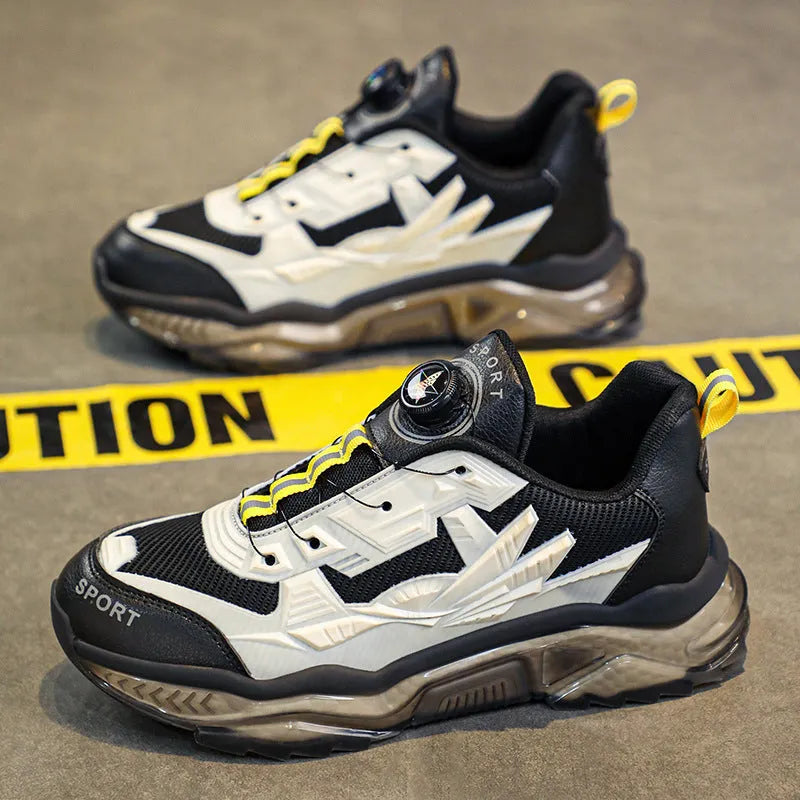 Men's black rotating button casual sneakers with mesh upper and platform sole