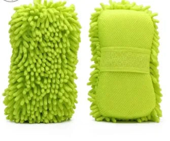 Silver green car wash sponge measuring 14cm by 25cm with chenille microfiber construction