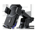 Black car wireless charging phone holder with 15W power and clip or suction cup mounting bracket