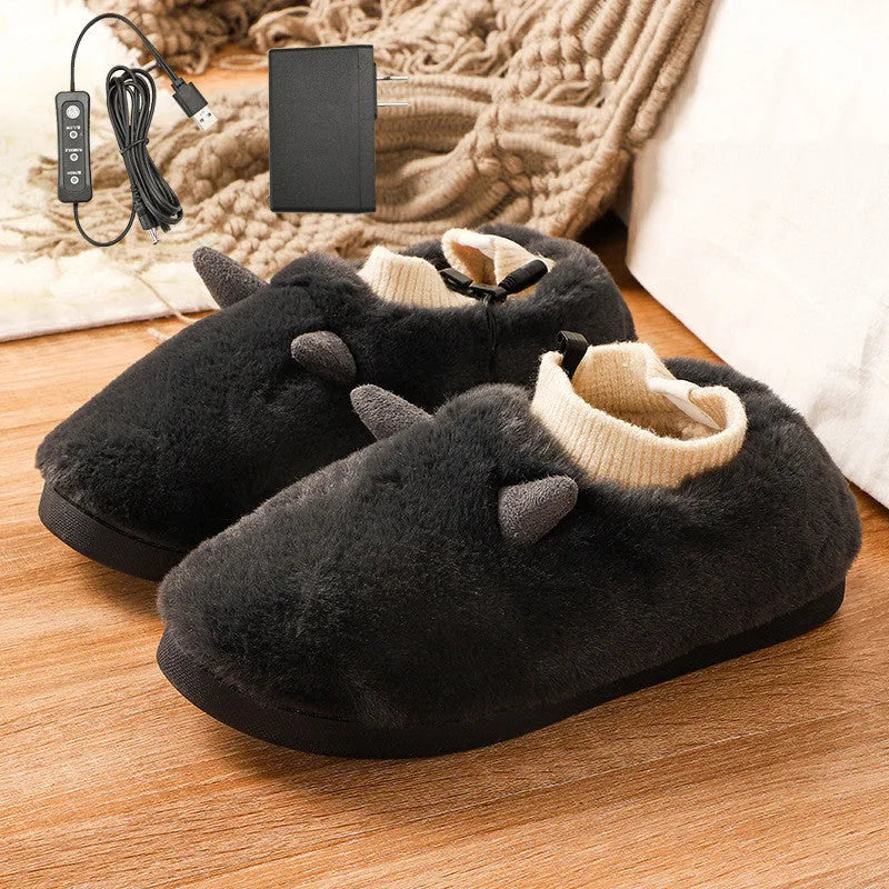 Plush velvet USB heating slippers with a USB cable and power converter, shown in taro purple colour.